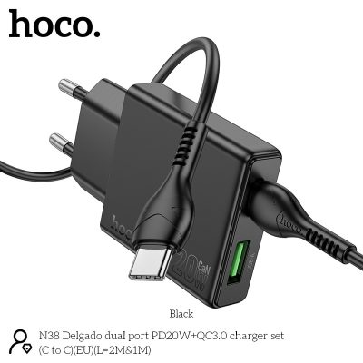Hoco N38 PD 20W Ultra Thin Type C To Type C Fast Charger Set - 2 Meter - Zwart